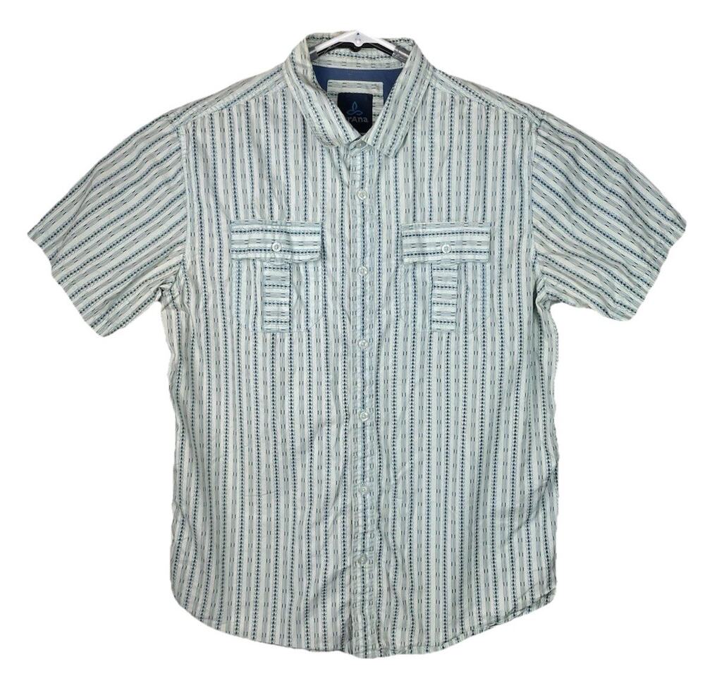 PrAna Men's Short Sleeve Button Up 100% Cotton Striped Pattern Size Large Blue